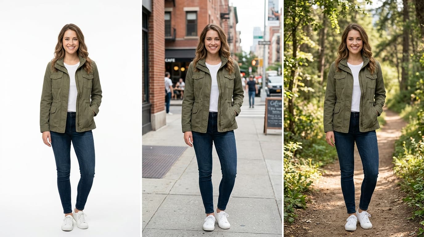 Same outfit shown on three different backgrounds: studio, urban, and nature