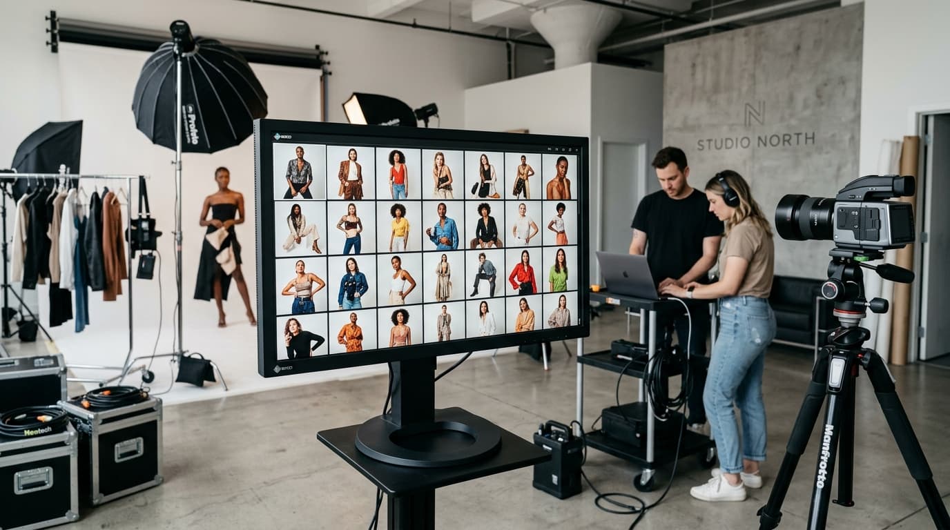 Fashion studio with diverse model photos displayed on large monitor
