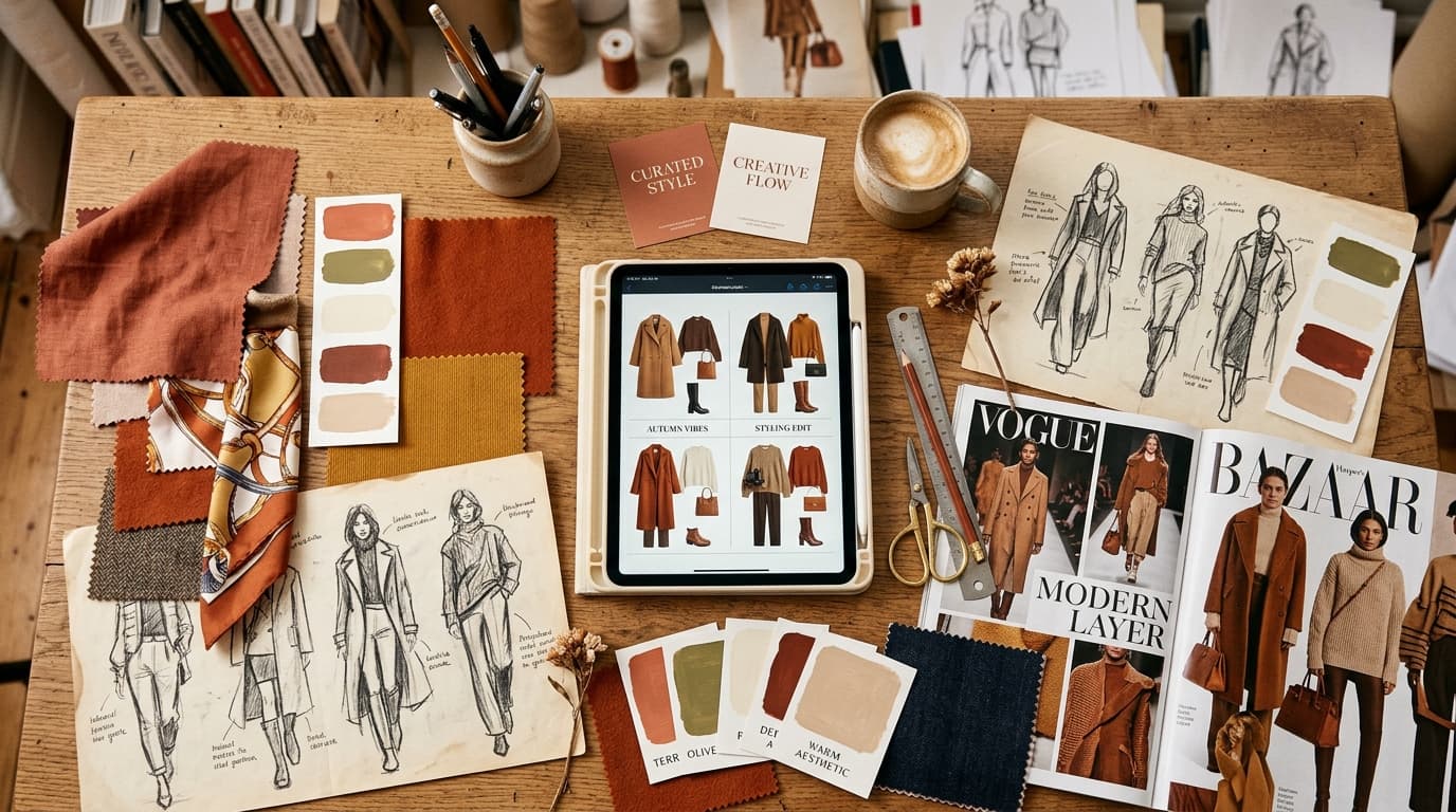 Fashion mood board with fabric swatches, sketches, and styling tablet