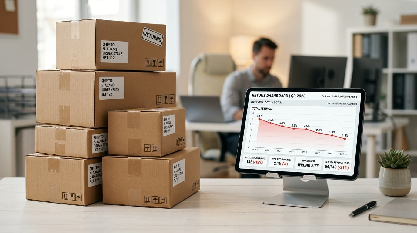 Returns dashboard showing declining return rates alongside shipping boxes