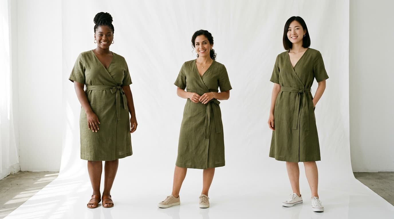 Three diverse models wearing the same olive wrap dress
