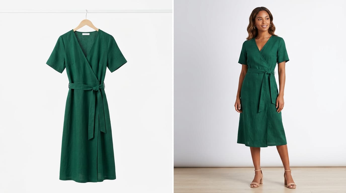 Before and after: dress on hanger transformed to on-model product photo