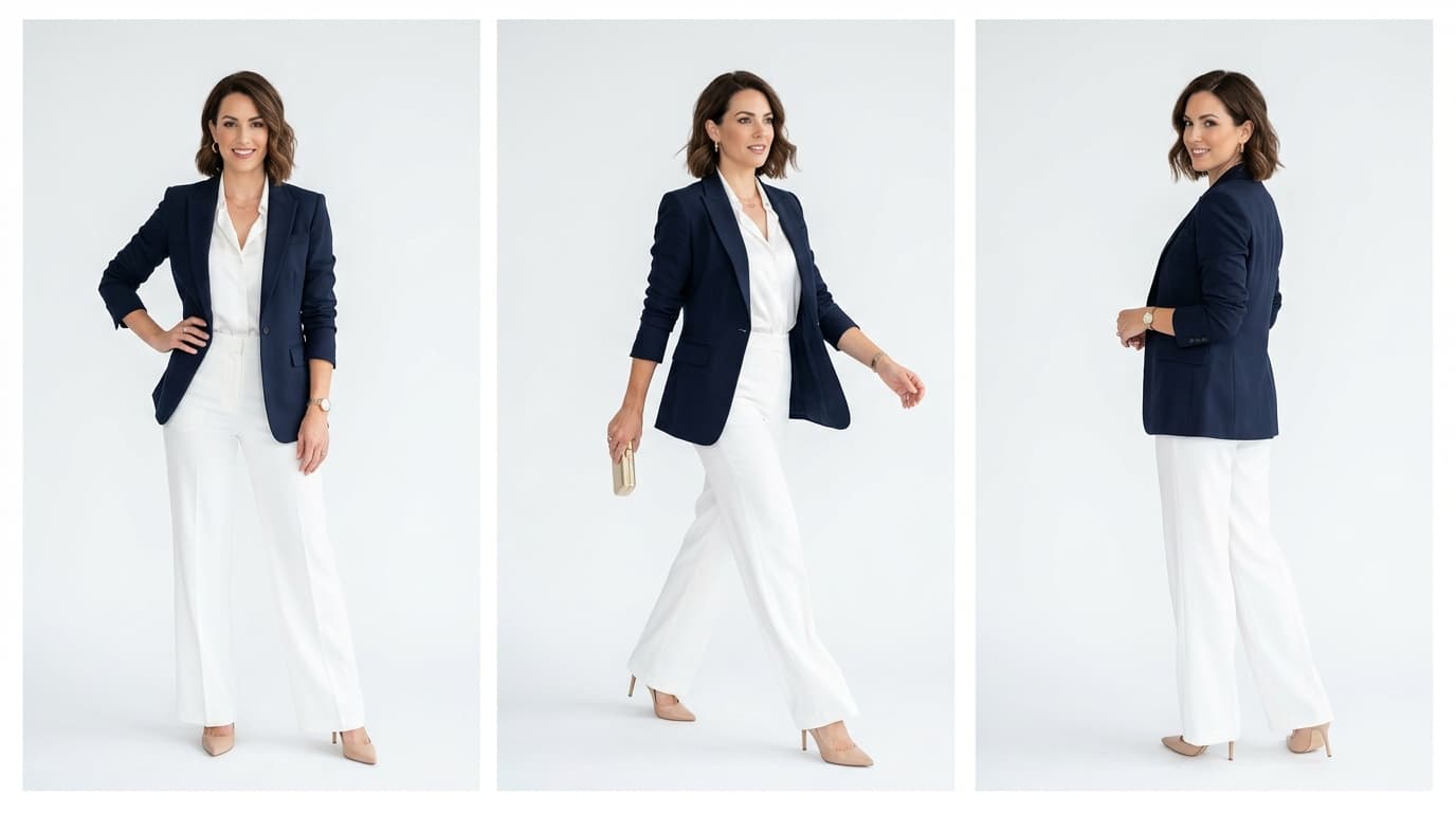 Same outfit shown in three different model poses side by side