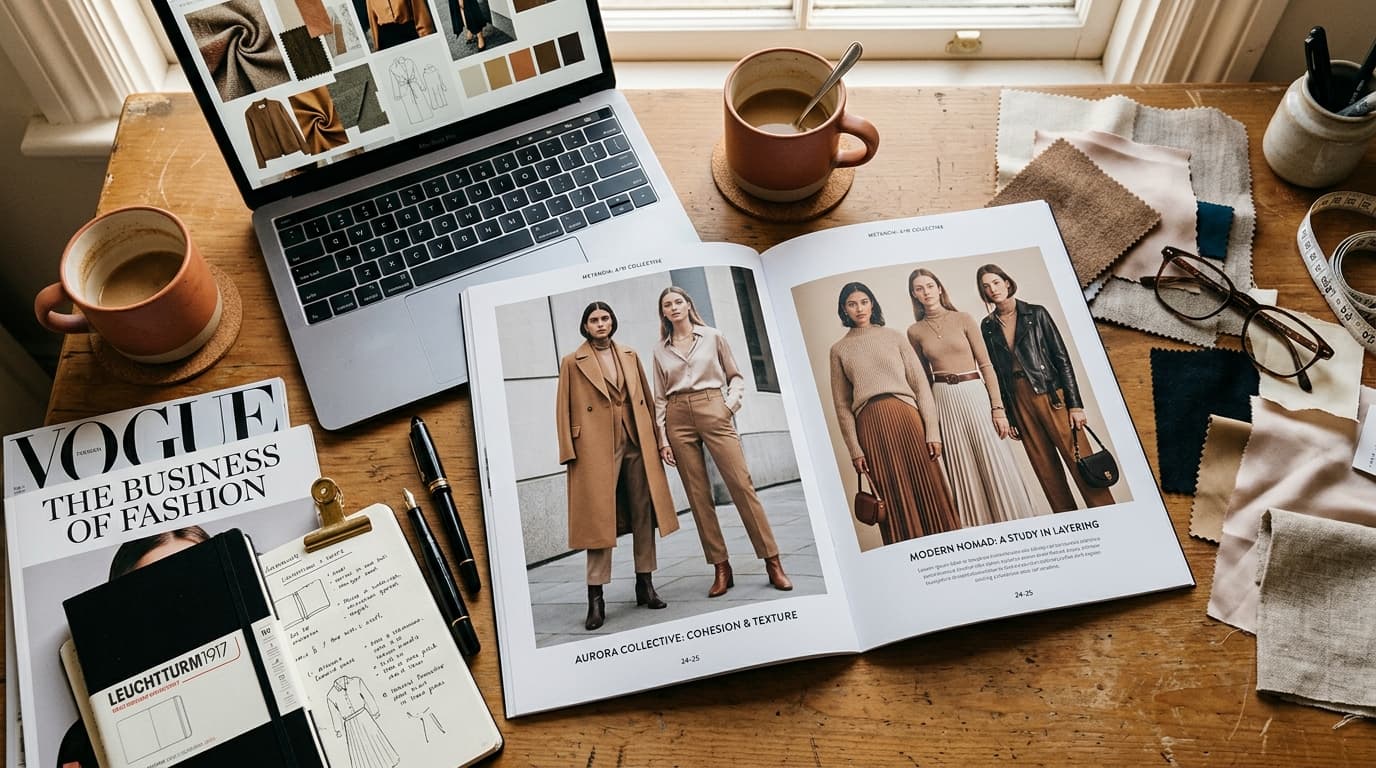 Fashion lookbook spread on creative director desk with magazine pages