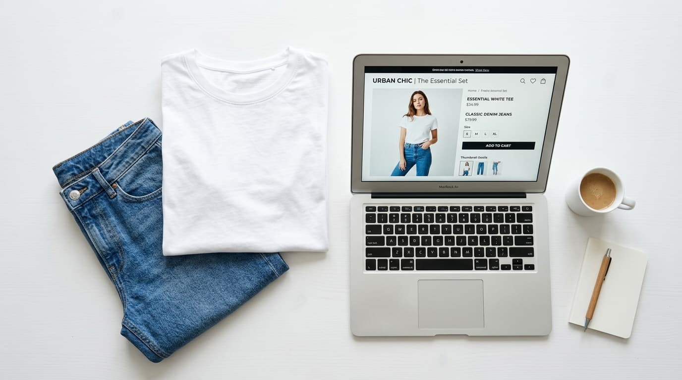 Product flat-lay next to laptop showing on-model e-commerce photography