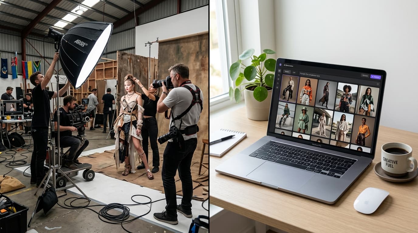 Side-by-side comparison of traditional photoshoot vs AI-generated fashion photos