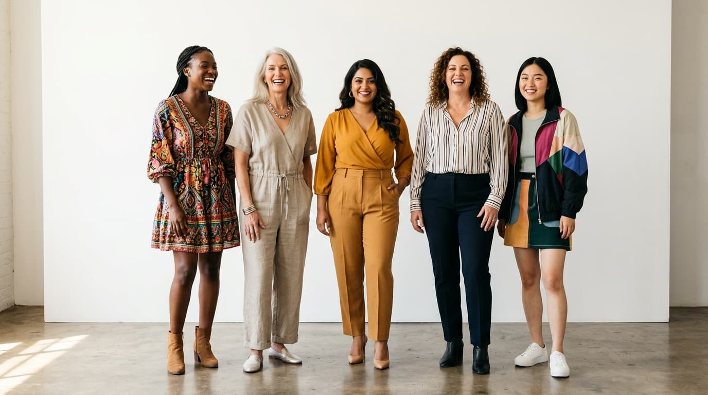 Five diverse models of different backgrounds in a fashion campaign