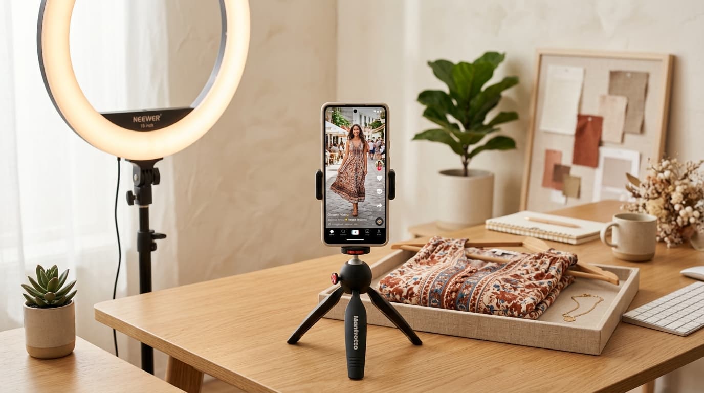 Content creator setup with phone showing fashion video next to styled product