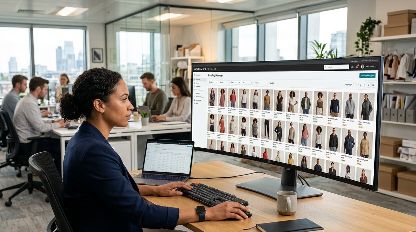 E-commerce catalog manager reviewing a large product photography grid