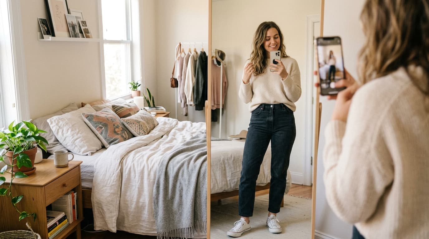 Young woman taking a mirror selfie to try on outfits at home