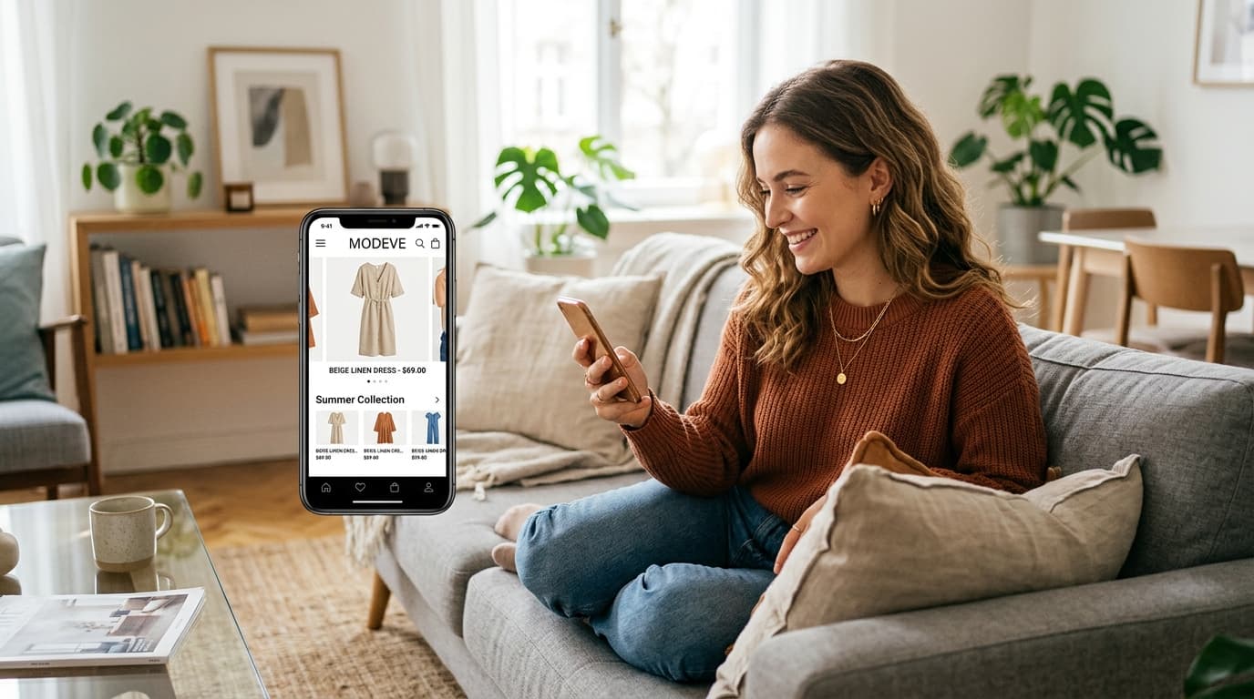 Woman browsing fashion on her phone from a cozy sofa