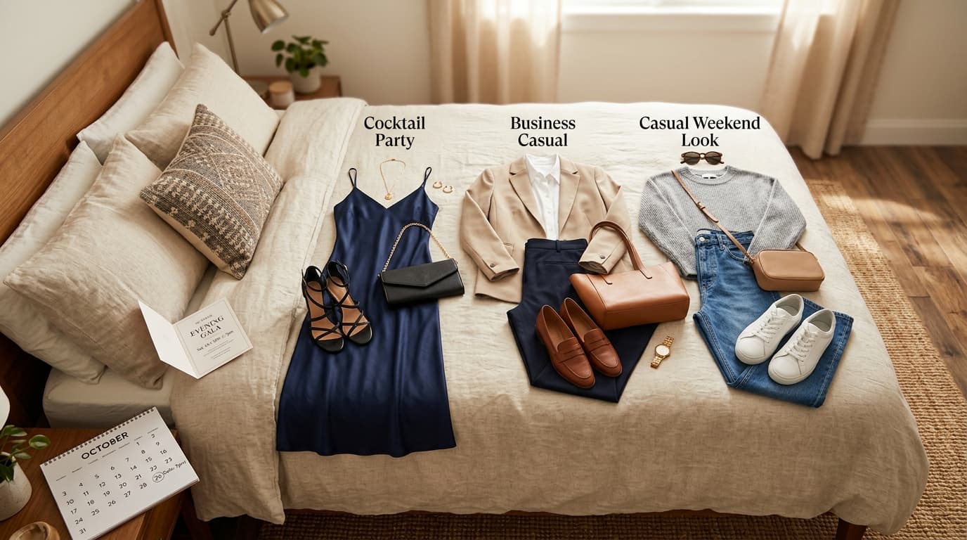 Complete outfits for different occasions laid out on a bed